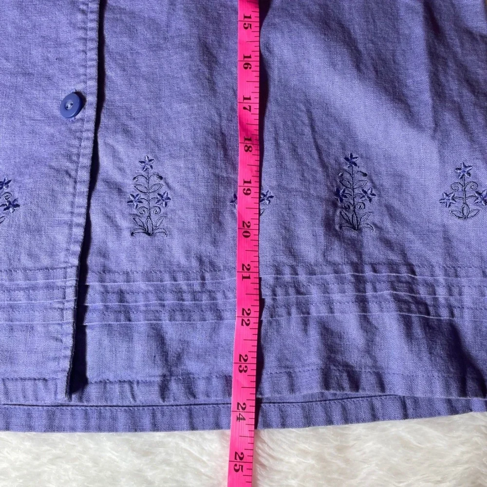 VTG Petite M Periwinkle Linen Blend Embroidered‎ Shirt and Pants Set Coastal Y2K